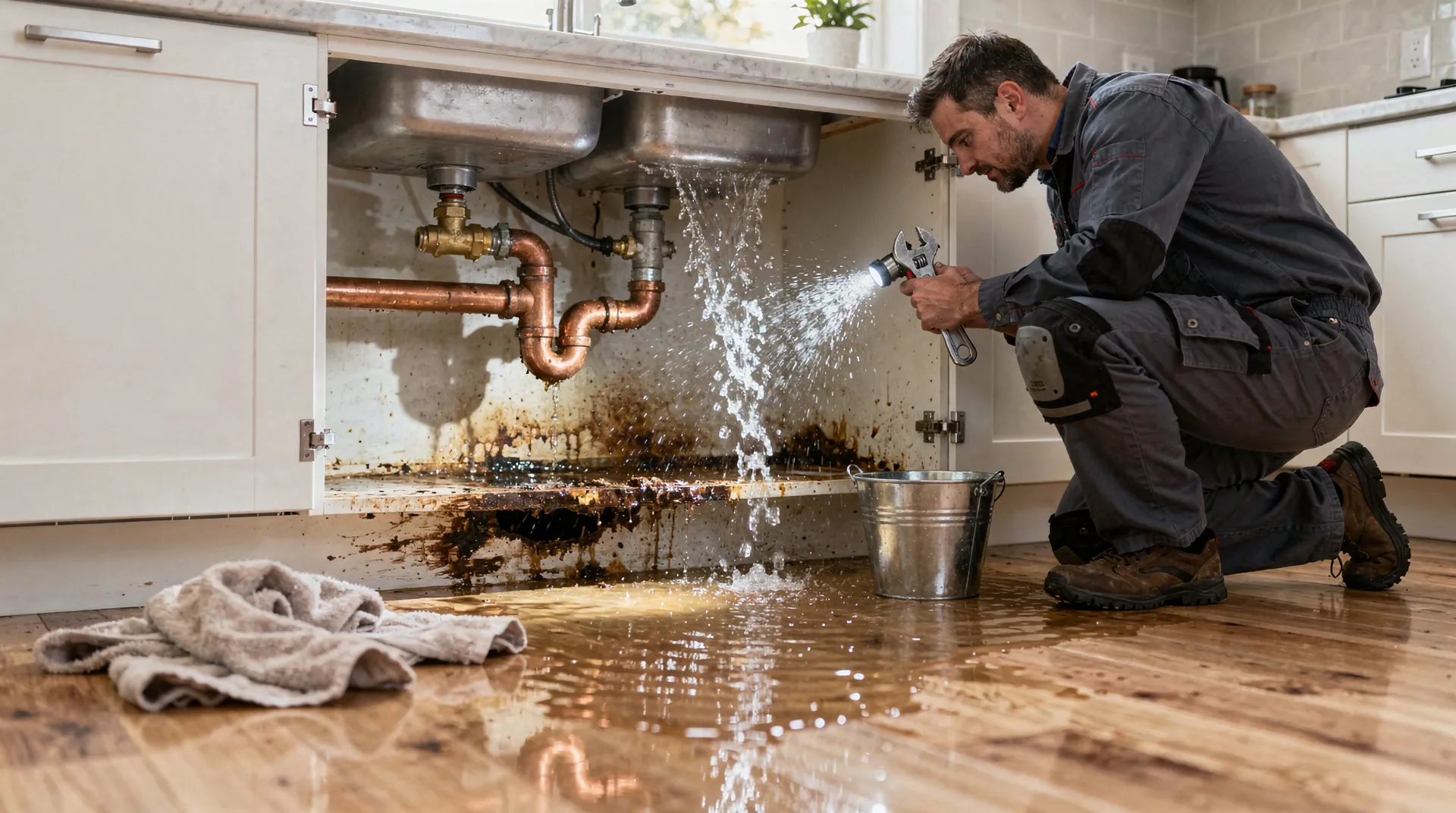 Plumber repairing leaking pipes under kitchen sink, addressing emergency plumbing issues.