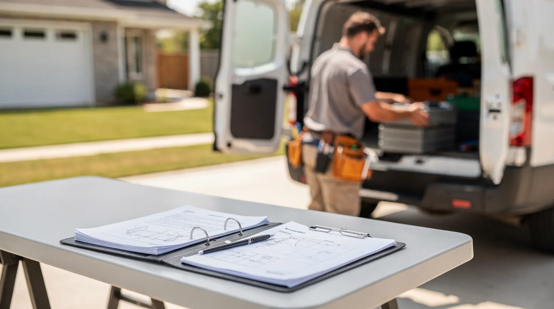 Wet Spot Plumbing service van and plumber with estimate paperwork for Central Virginia homes.