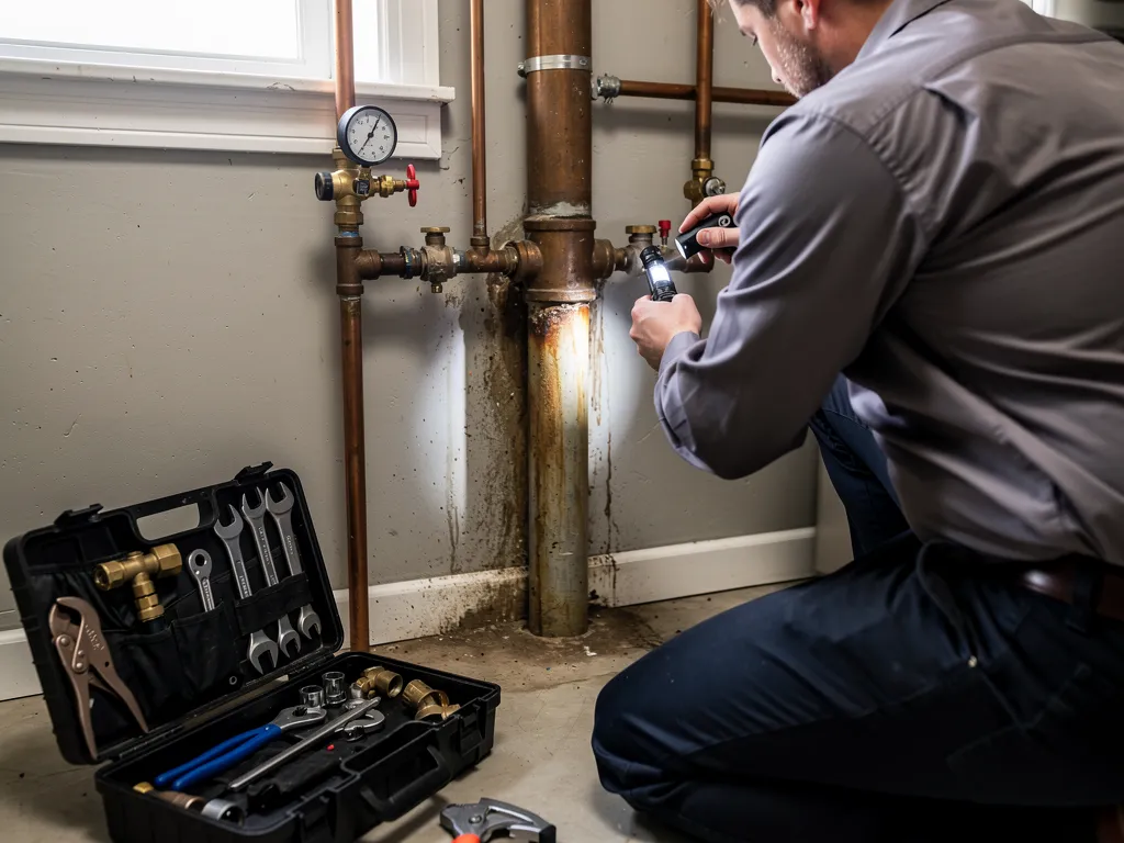 Technician checking water pressure at a home's pipe fitting