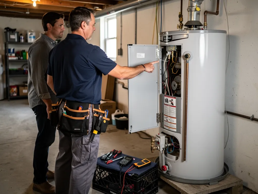 Licensed technician repairing a residential water heater unit