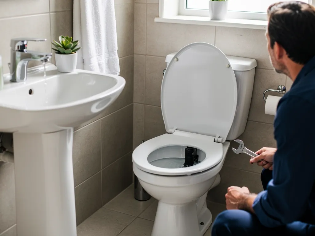 Plumber replacing a worn toilet flapper valve