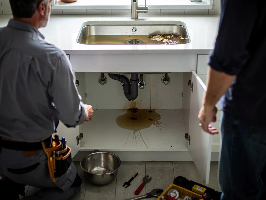 Homeowner inspecting a dripping faucet and slow drain