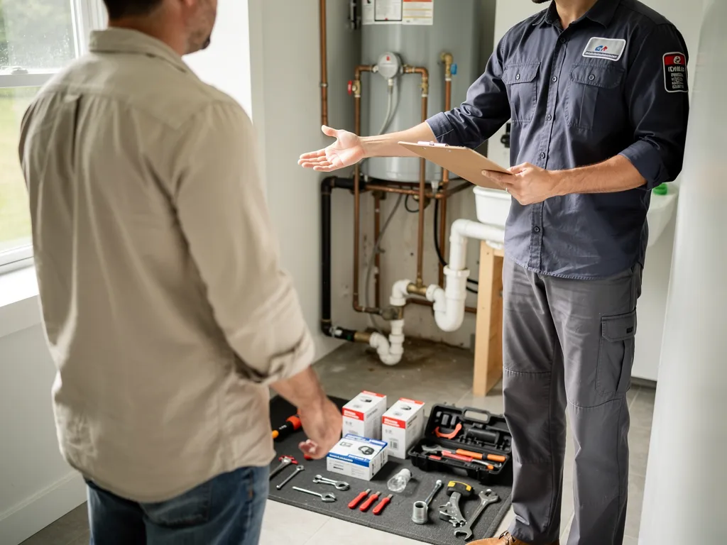 Homeowner reviewing warranty paperwork for new plumbing equipment