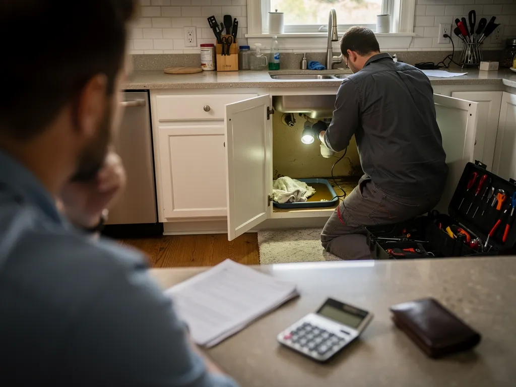 Plumber and homeowner reviewing a written repair estimate