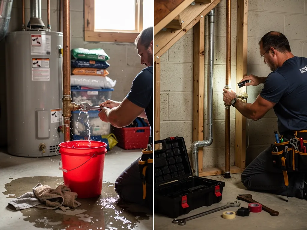 Plumber inspecting a water heater during routine maintenance