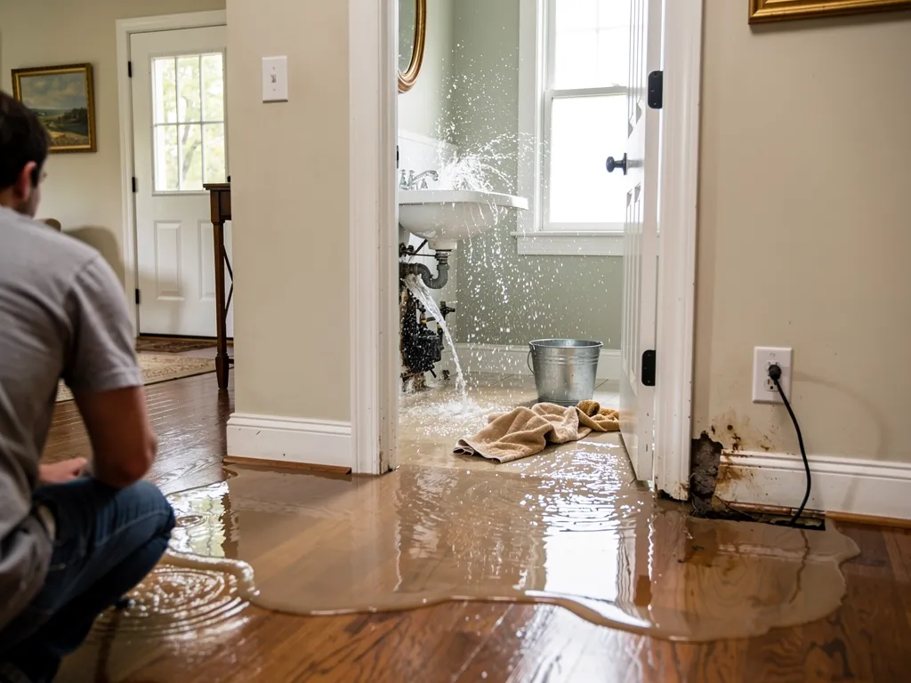 Burst pipe leaking water under a home's sink cabinet