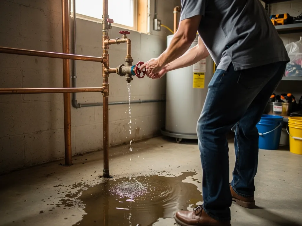 Homeowner shutting off a residential water main valve