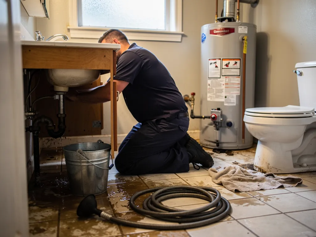 Technician repairing a burst pipe under a kitchen sink