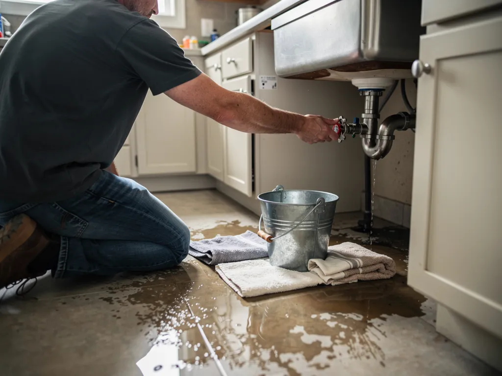 Homeowner shutting off the main water valve during a leak