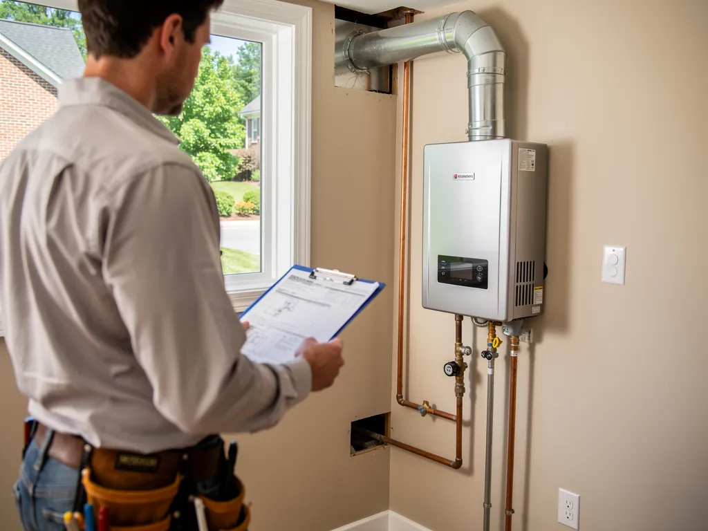 Licensed plumber inspecting gas line and venting for a tankless unit