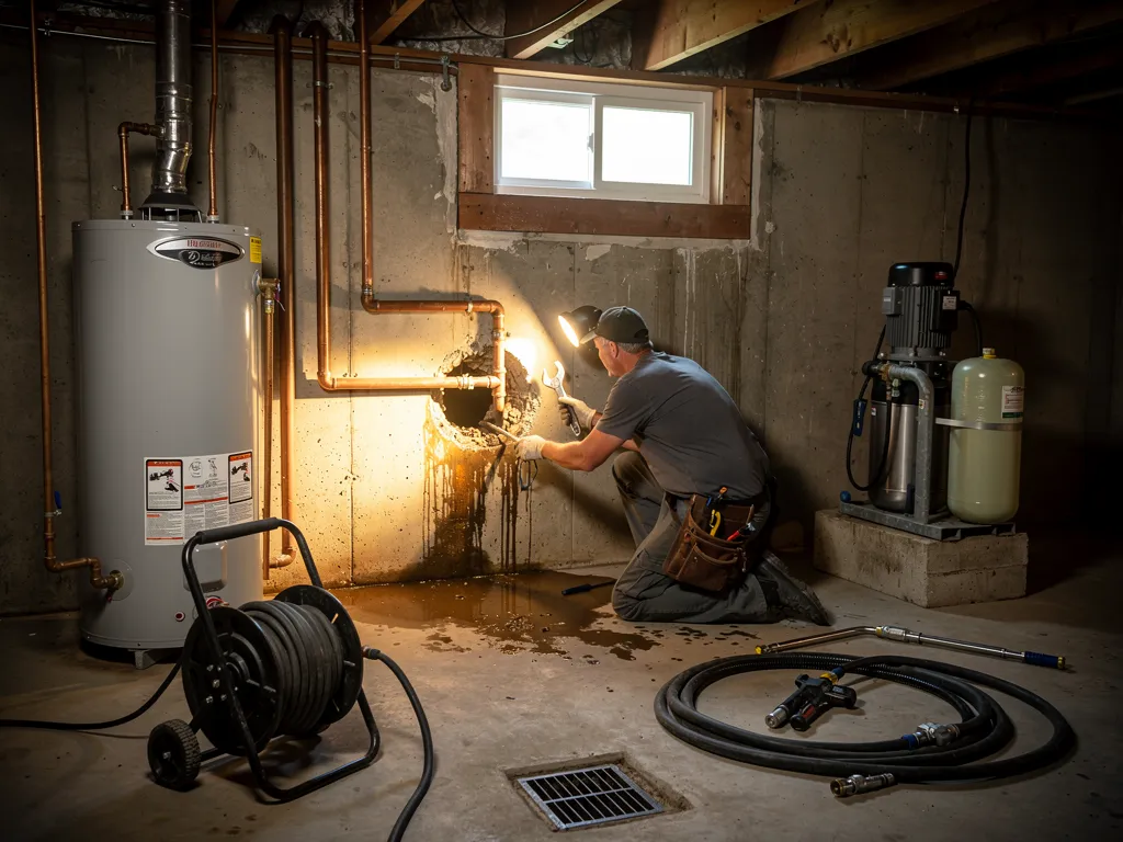 Technician using hydro jetting equipment to clear a drain line