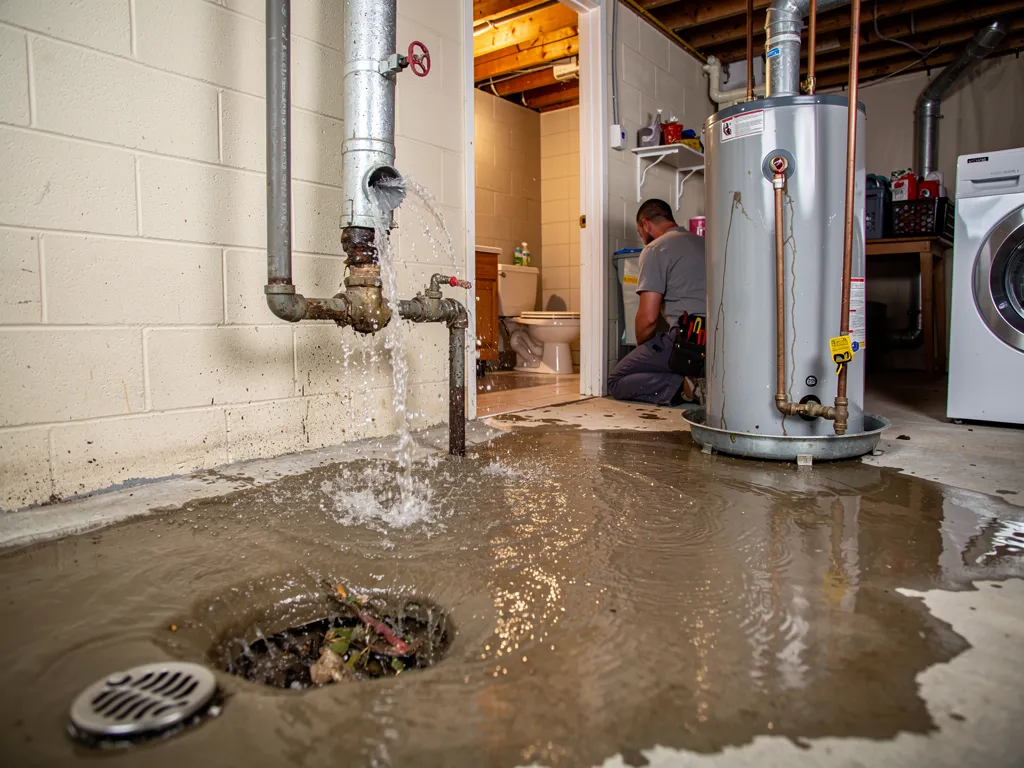 Burst pipe and flooded floor from a home plumbing emergency