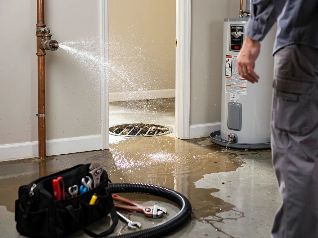 Flooded kitchen floor from a leaking pipe under the sink