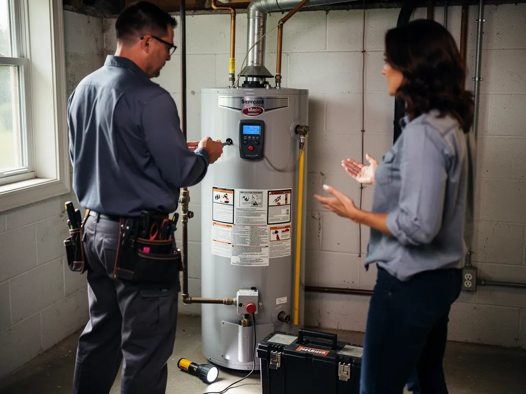 Homeowner checking a circuit breaker panel near a water heater