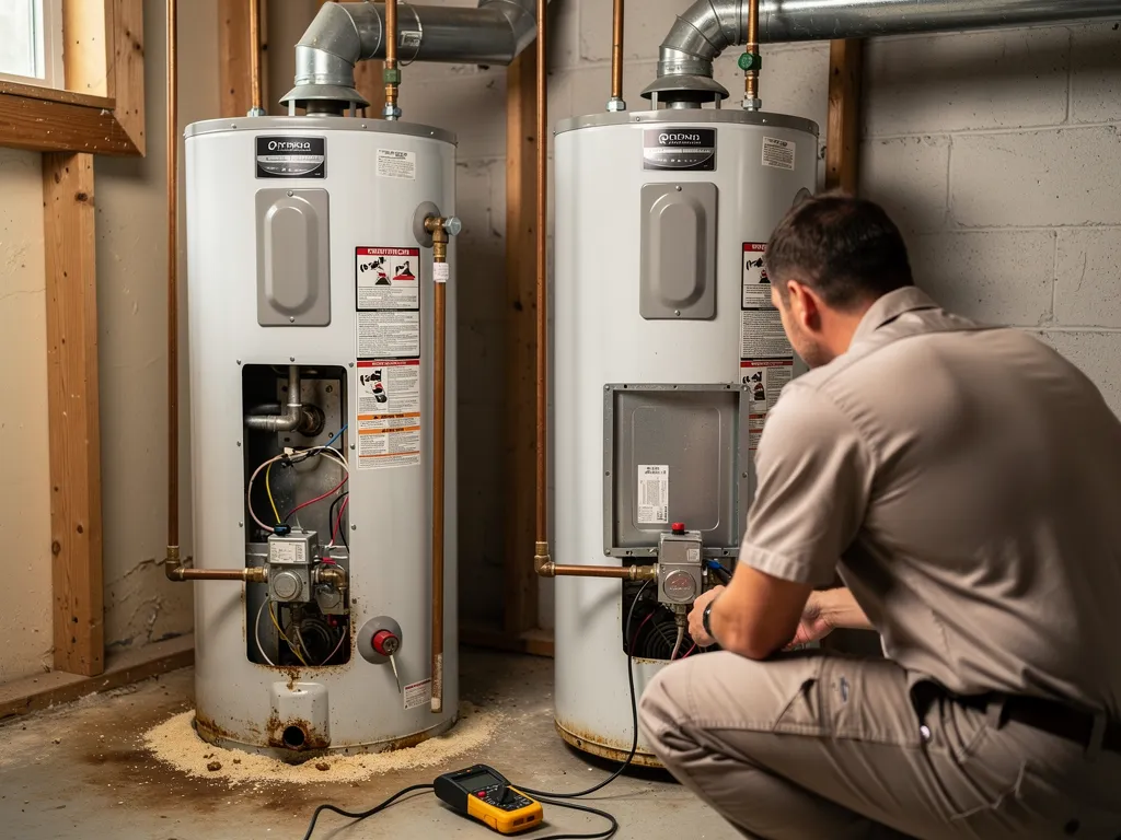 Close-up of water heater heating element and gas valve components