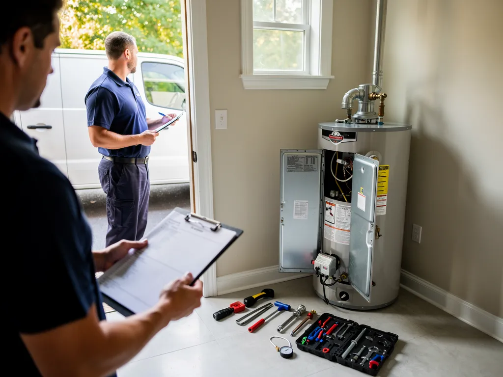 Licensed plumber repairing a residential water heater unit
