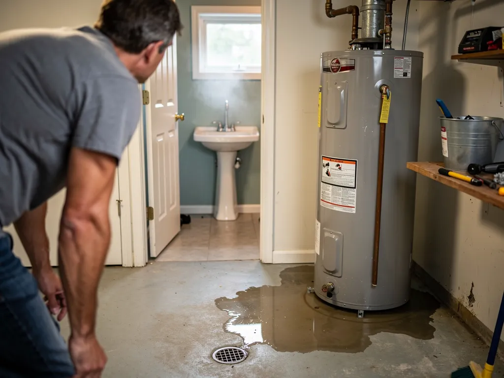 Leaking water heater tank and technician inspecting pilot light