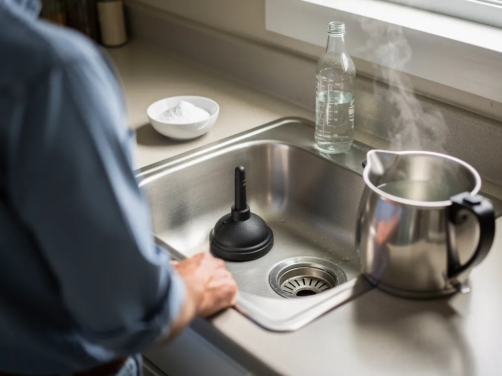 Plunger, baking soda, vinegar, and boiling water used as DIY drain clog remedies
