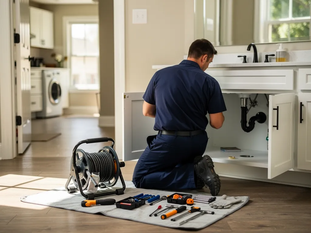 Technician using drain cleaning tools on a sink, toilet, and sewer line