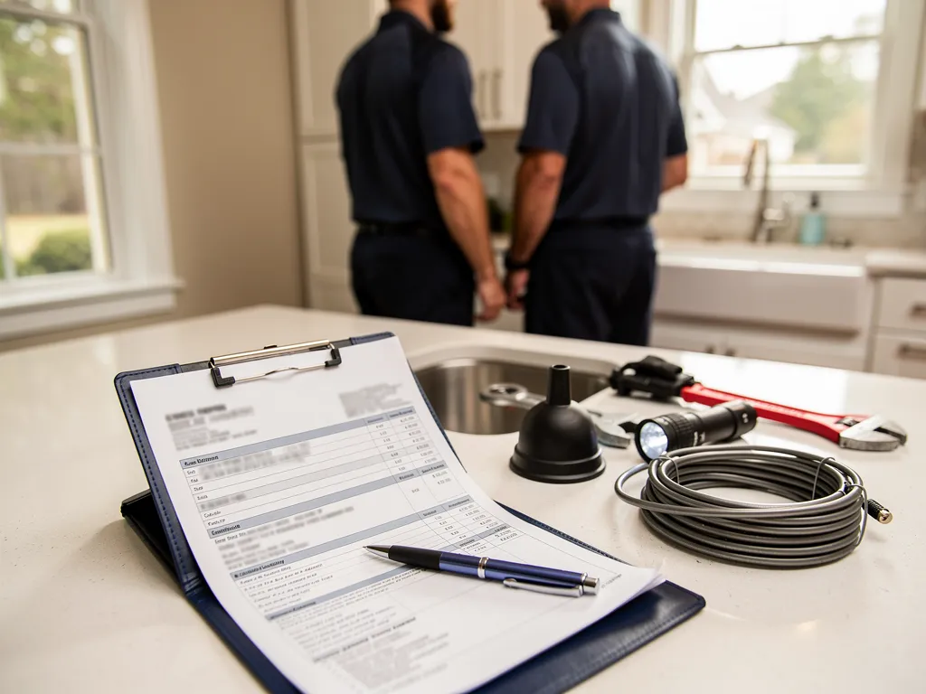 Plumber reviewing a written drain cleaning estimate with a homeowner