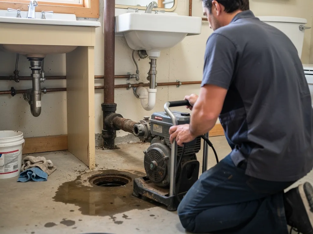 Technician clearing a kitchen sink drain with a rooter snake