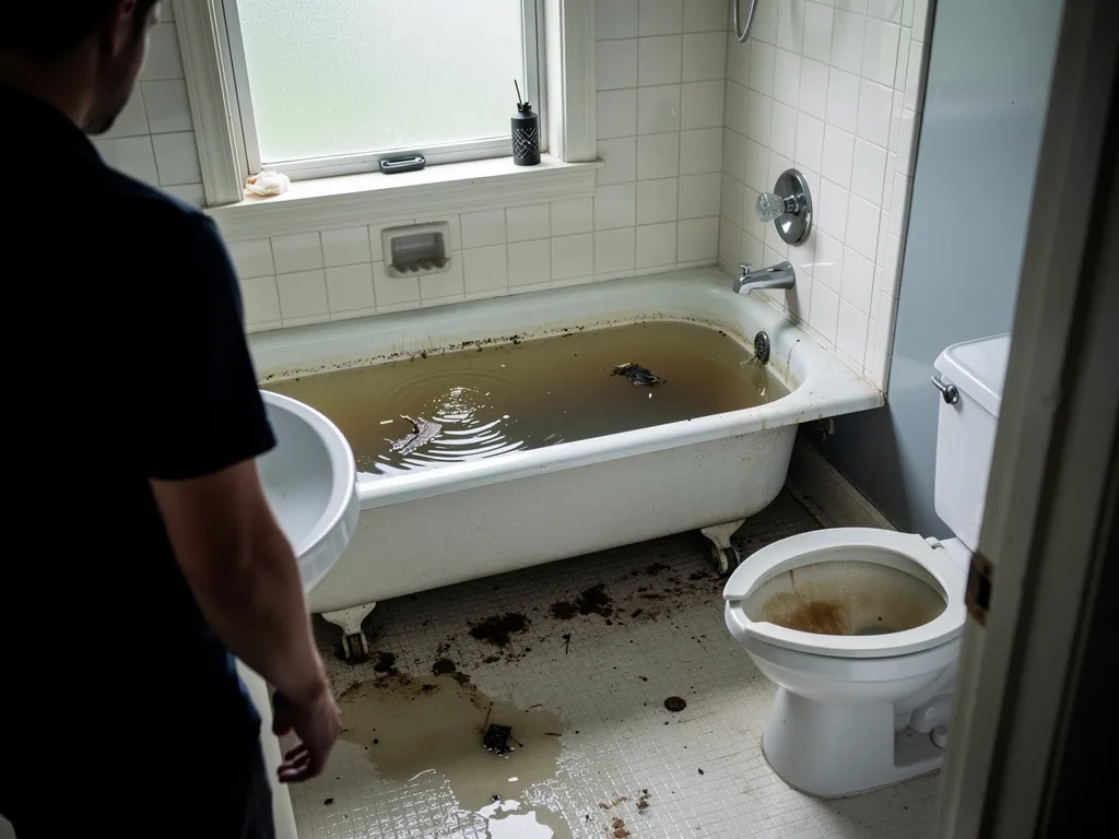 Backed-up floor drain with standing water signaling a plumbing emergency