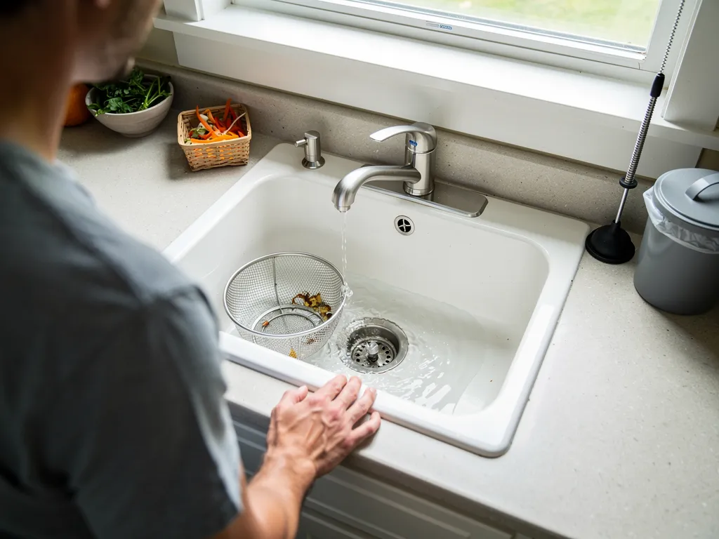 Homeowner using a mesh drain cover to prevent clogs