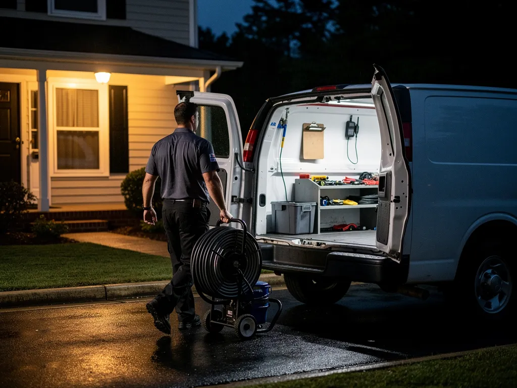 Licensed technician responding to a dispatched emergency drain call