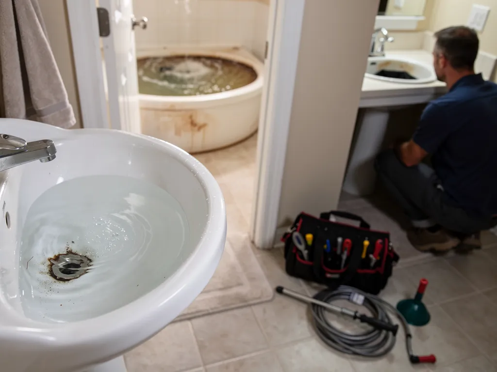 Plumber inspecting a backed-up drain during a home service call