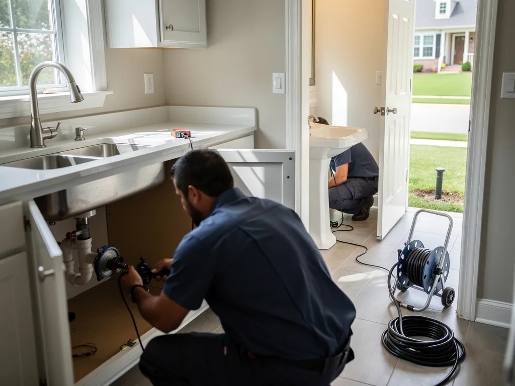 Technician servicing a sewer line cleanout outside a home