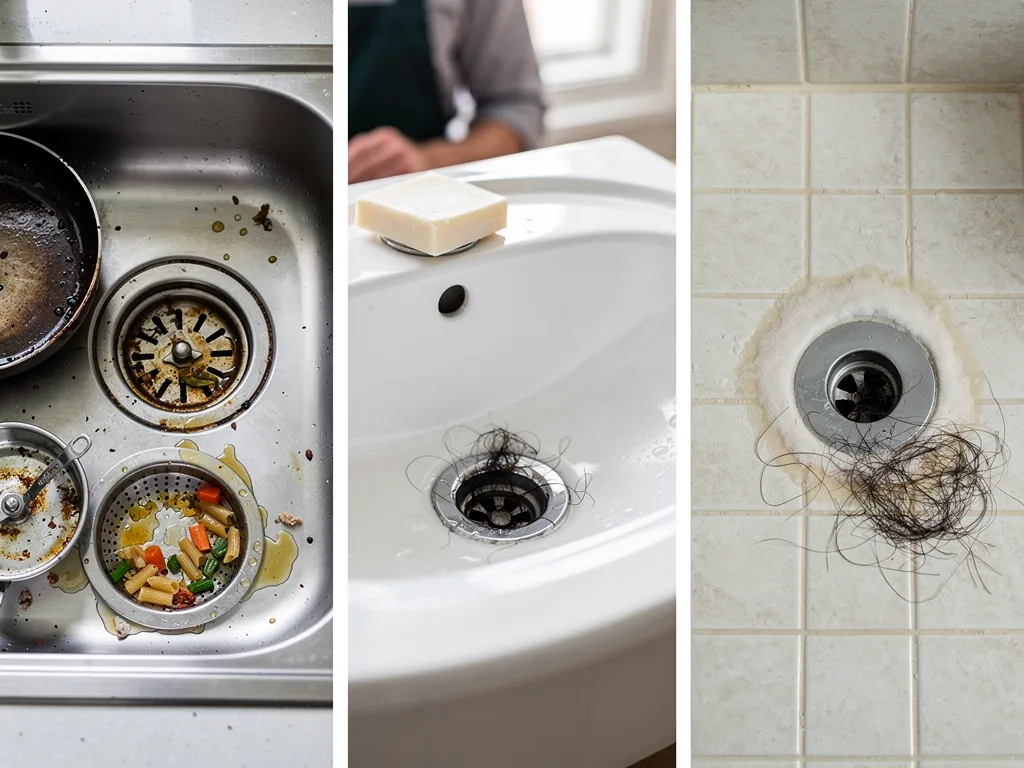 Clogged kitchen sink drain with grease and food debris buildup