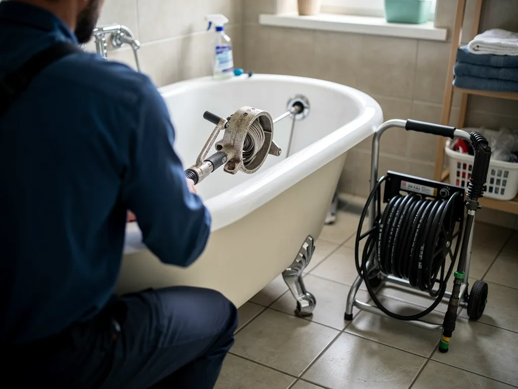 Plumber feeding a drain snake cable into a residential pipe