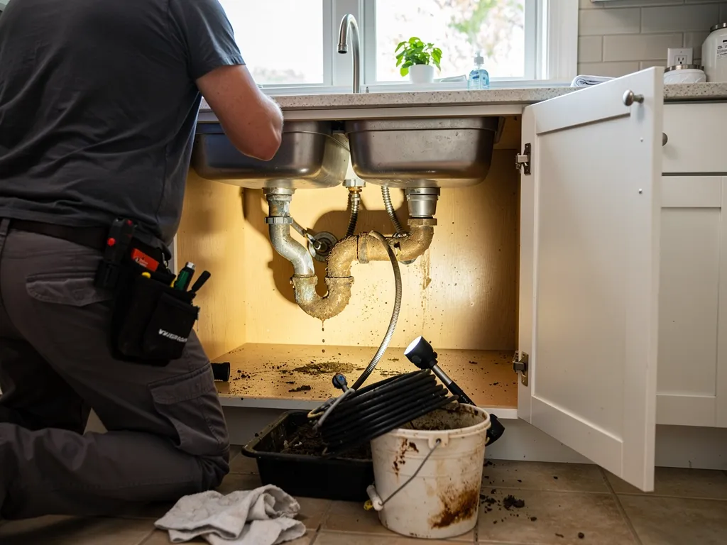 Plumber clearing a clogged drain pipe with a drain snake