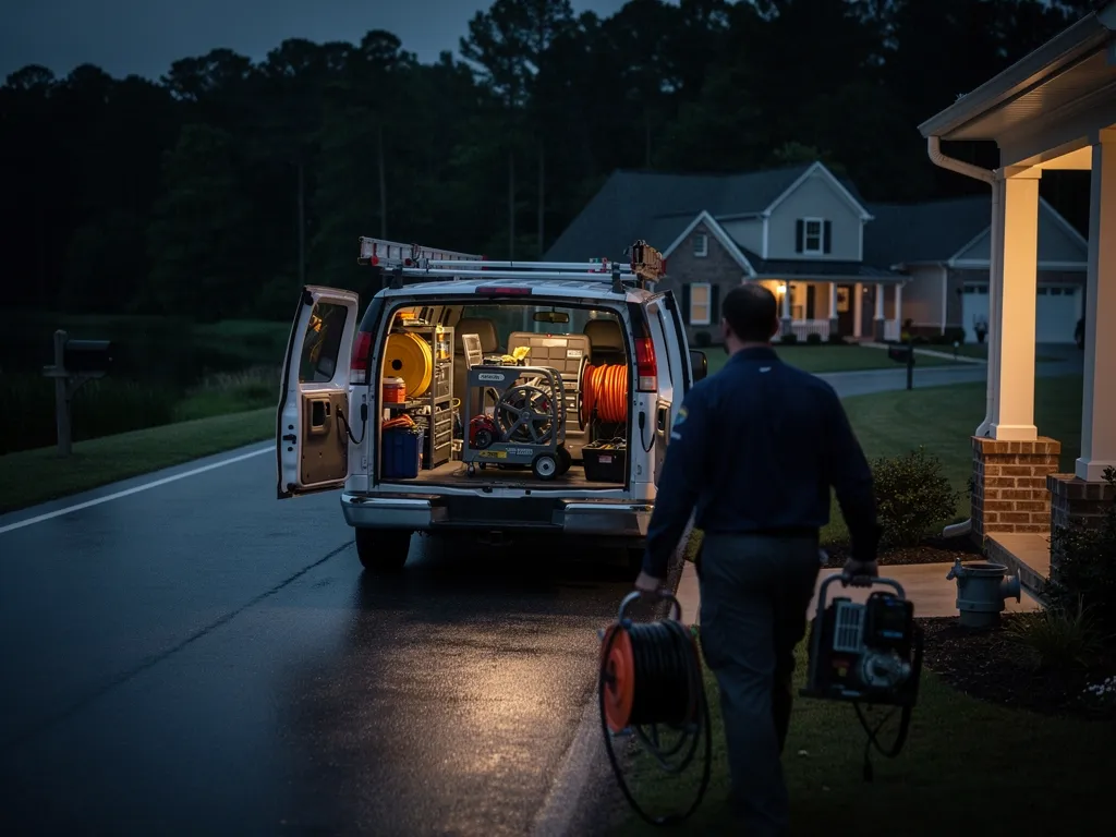 24/7 emergency plumbing van responding to a call at night