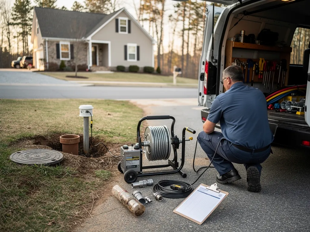 Technician reviewing drain cleaning cost estimate with itemized pricing