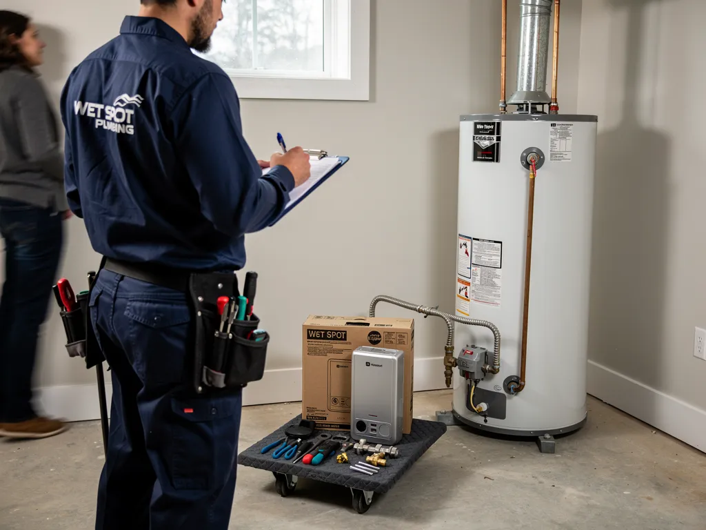 Technician connecting venting and gas lines during tankless water heater install