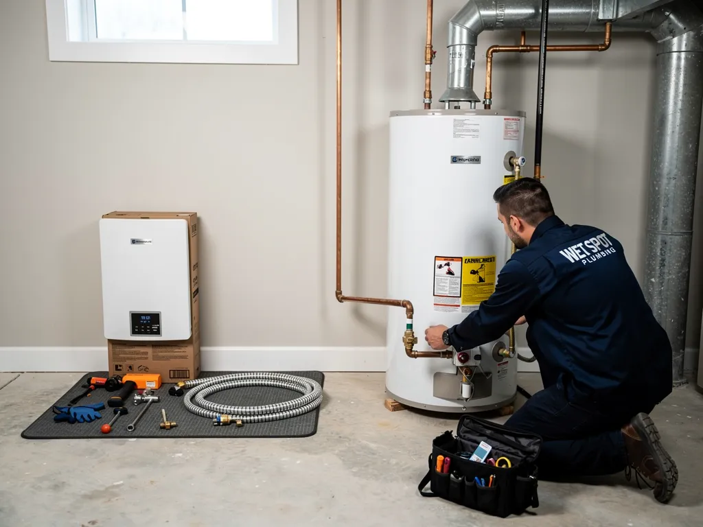 Plumber installing a new water heater in a Mineral VA home