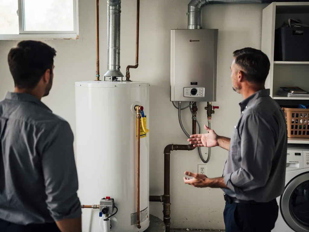 Side-by-side comparison of a tank and a wall-mounted tankless water heater