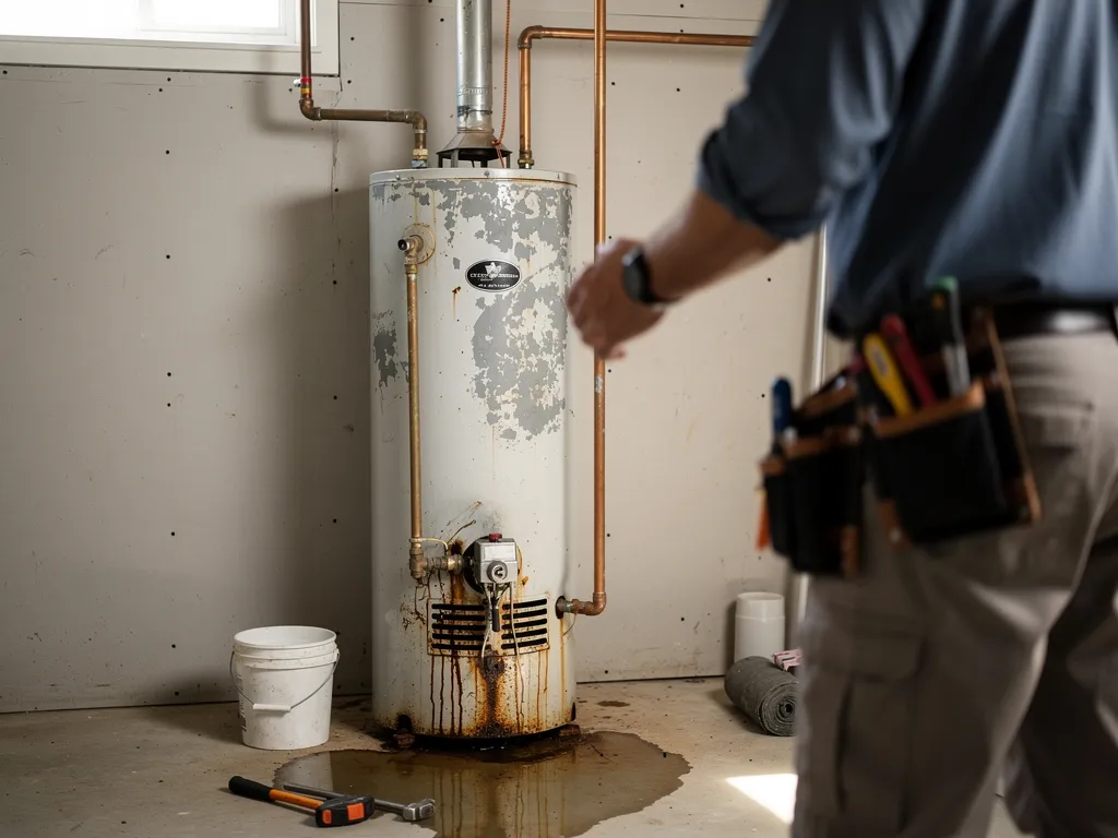 Rusted and leaking water heater tank showing signs of failure