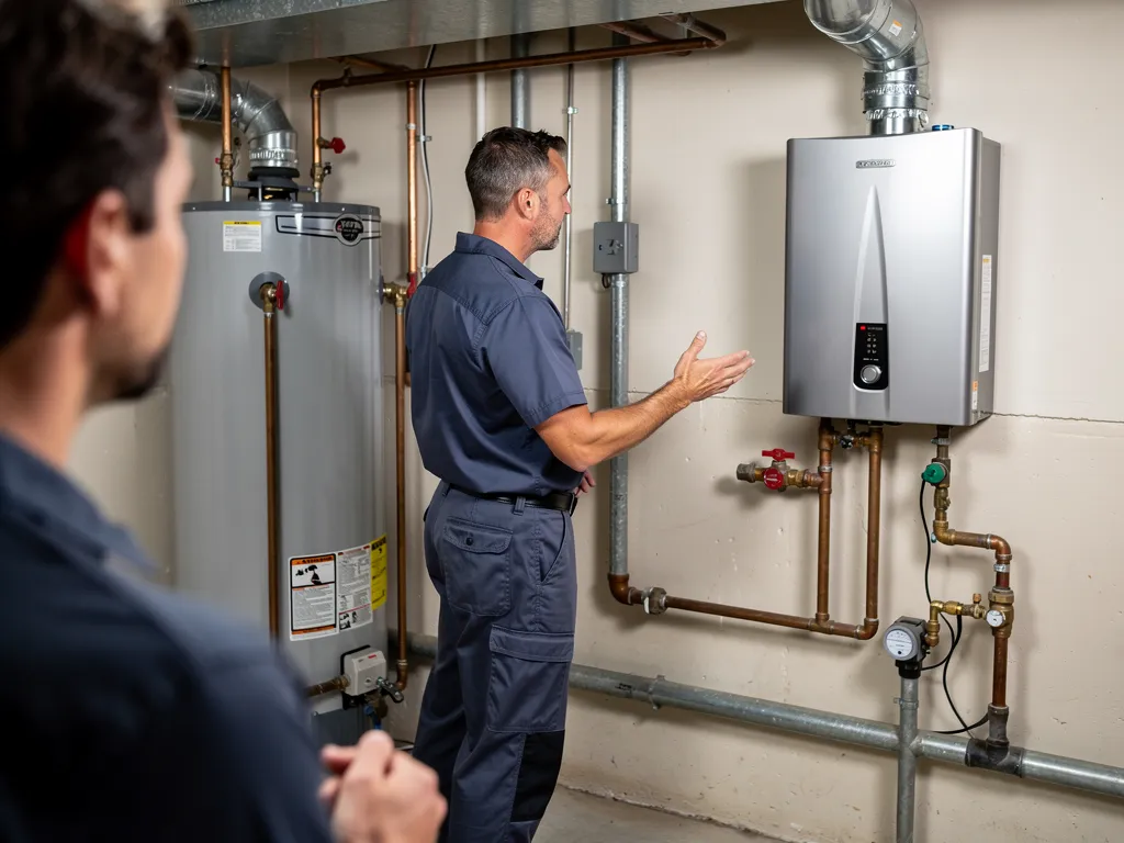 Plumber reviewing a written water heater installation estimate with a homeowner