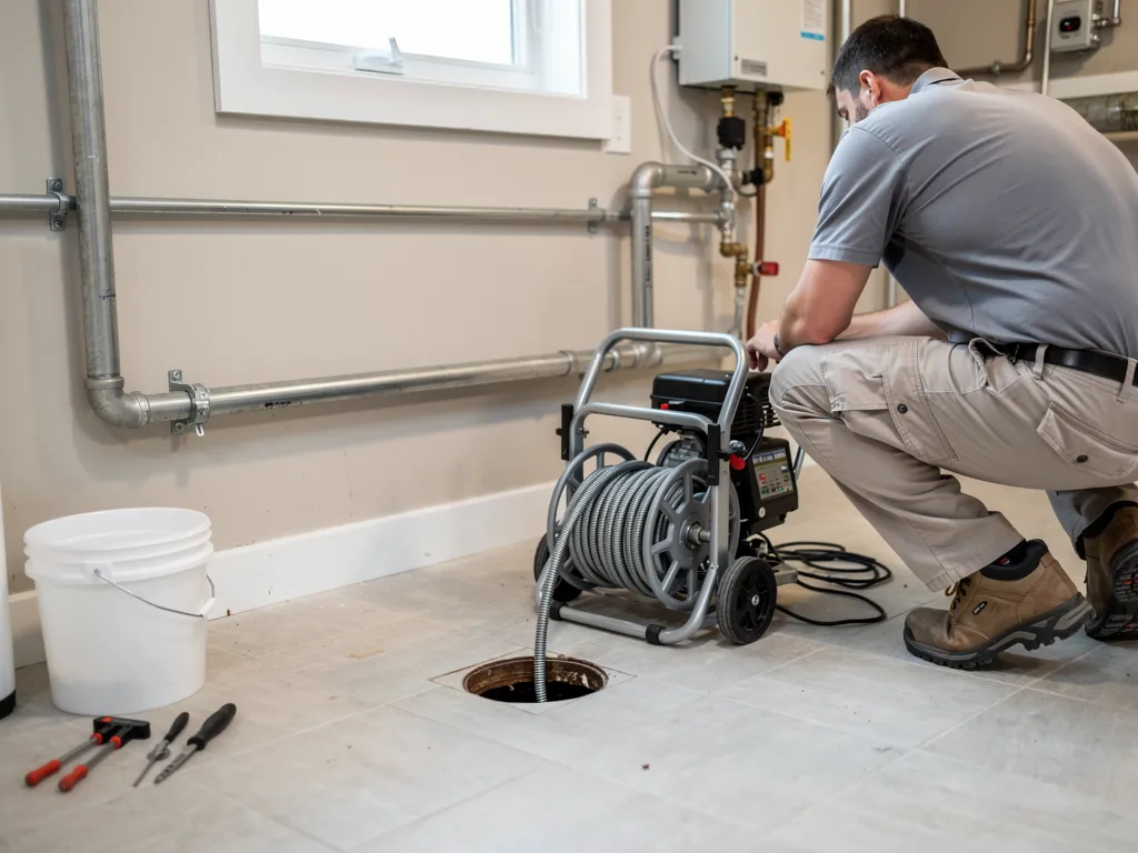 Plumber feeding a motorized cable into a drain pipe