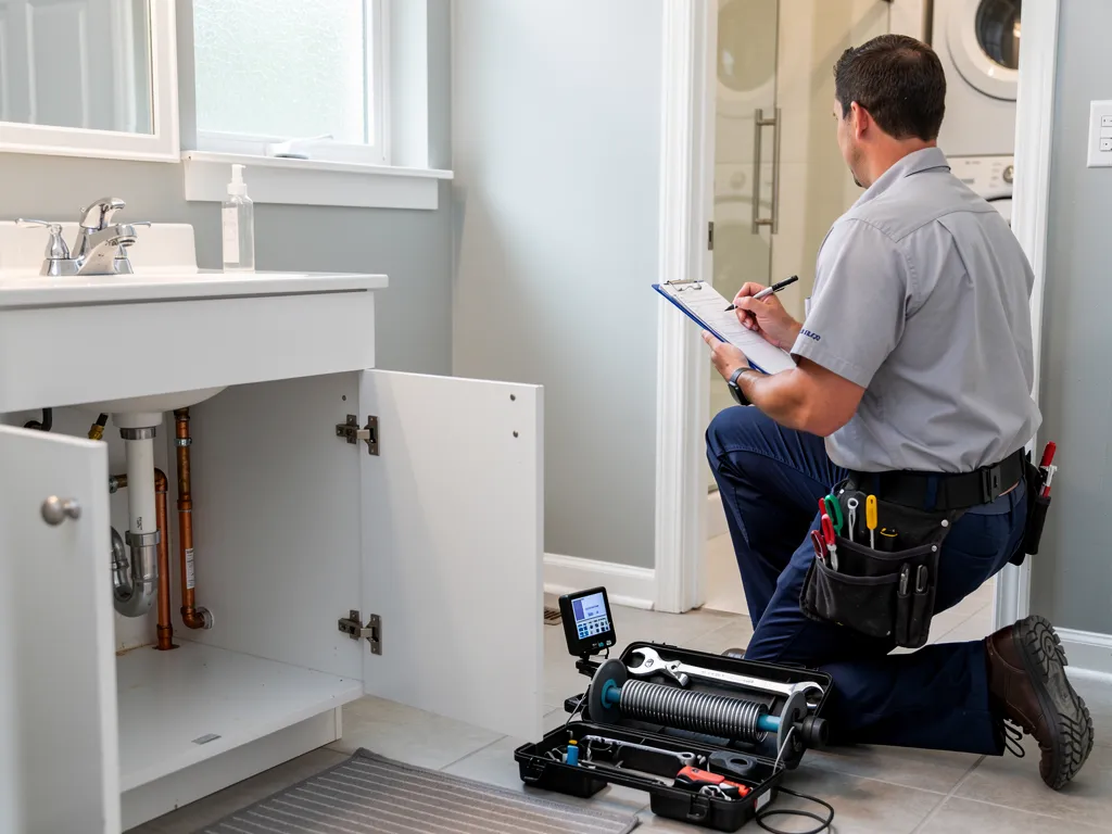 Technician reviewing a written drain cleaning cost estimate